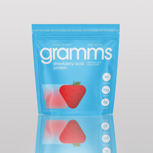 Gramms Strawberry Acai Protein | Clear Protein Powder 20G Protein for Women & Men | Grass-Fed Whey Isolate, Zero Sugar, Zero Lactose, Non-Bloating, Non-GMO | 18 Servings